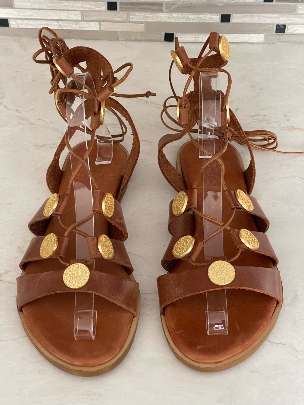 TSAKIRIS MALLAS Tan Leather Gladiator Sandals w Gold Coin Accents, 38 EU/7.5 US